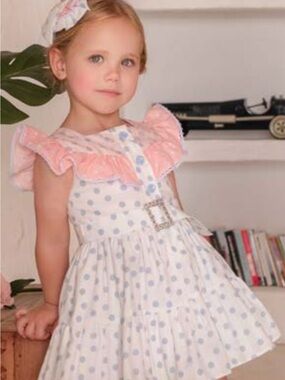 Polka Dot Ruffle Sun Dress with Pink Trim